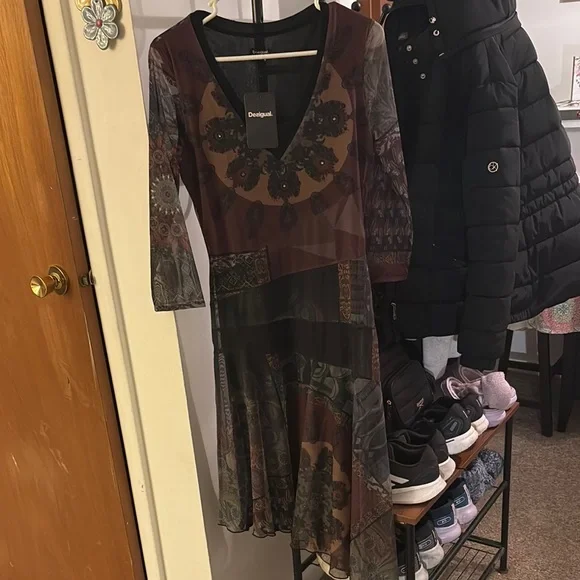 Desigual Brown and Black Sundress with V-Neck and 3/4 Sleeves - Picture 1 of 6
